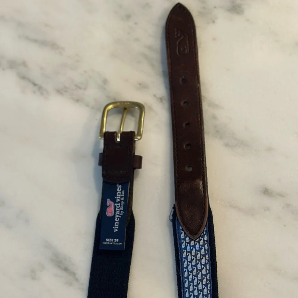 Vineyard Vines Boys’ Leather Trim Whale Print Canvas Club Belt Size 28